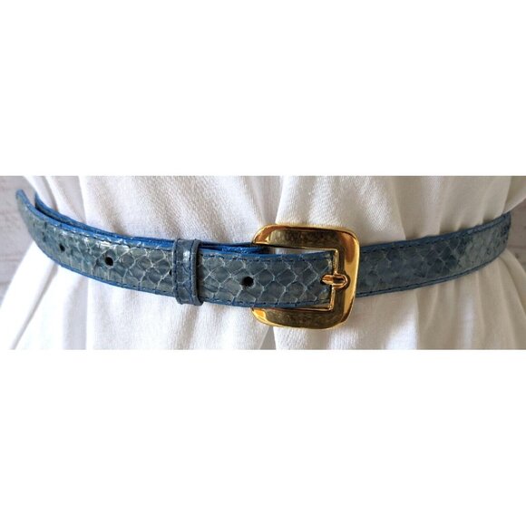 Lot Of Two Women's Skinny Belts Genuine Reptile Leather Blue Gold 5 Holes Size M - Picture 2 of 12